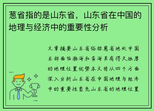 葱省指的是山东省，山东省在中国的地理与经济中的重要性分析