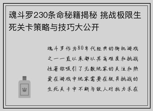 魂斗罗230条命秘籍揭秘 挑战极限生死关卡策略与技巧大公开